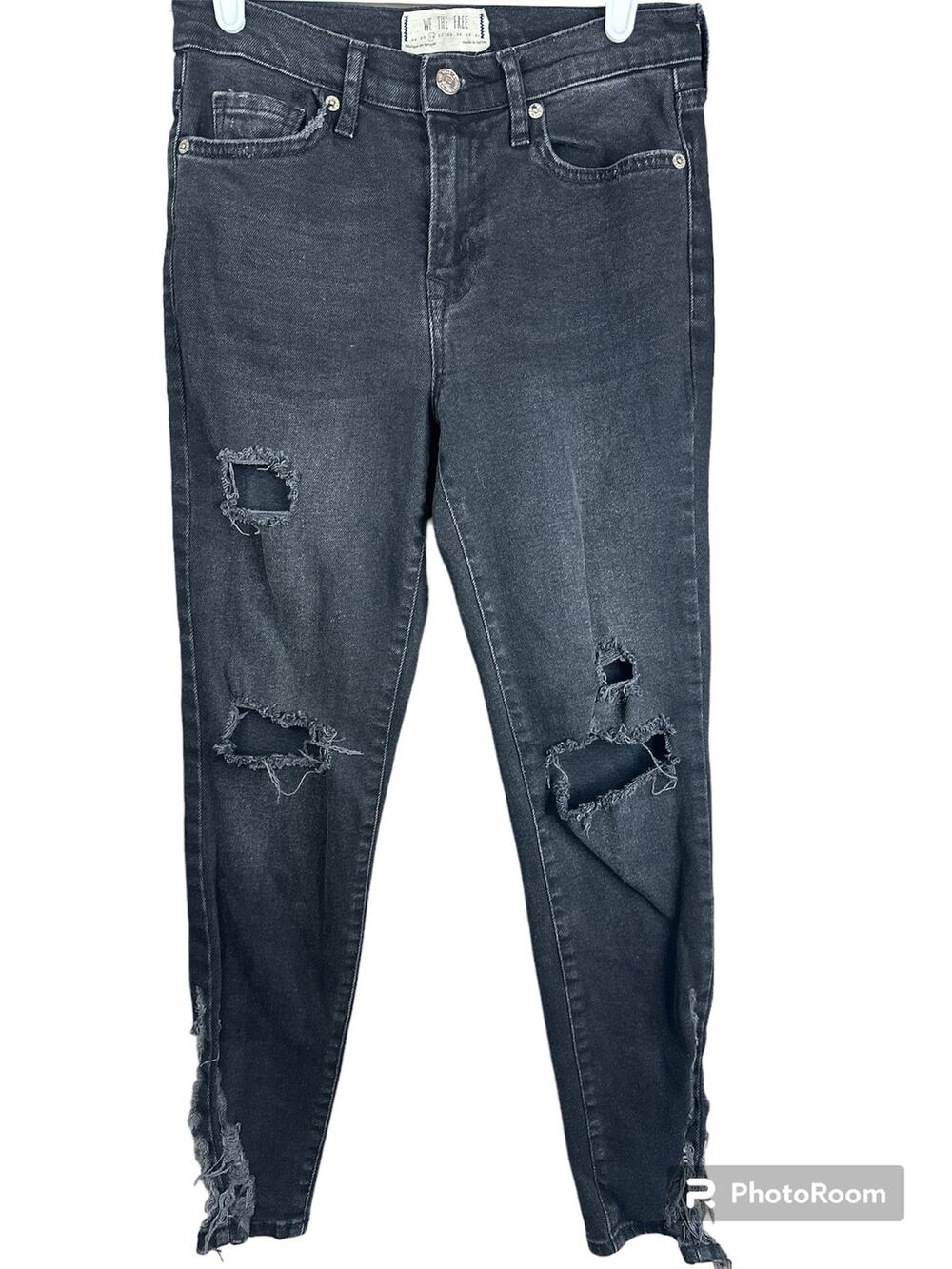 We The Free Black Dark Wash Super Distressed Skinny Jeans Side Slits Size 26